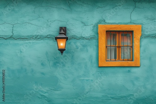 Exterior blue wall with a lantern and orange-framed window. photo