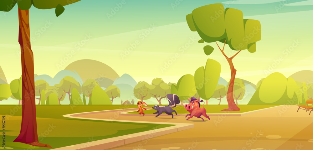 Fototapeta premium Wild animals walking in city park on summer sunny day with people camping on horizon. Cartoon vector illustration of boar, hare and skunk friends running on pathway of town garden or forest.