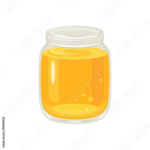 Honey in open glass jar. Vector cartoon flat illustration. Organic healthy sweets.