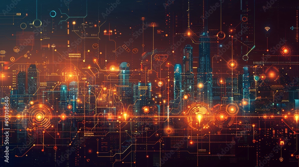 Futuristic Cityscape with Connected Circuits Futuristic Cityscape with Connected Circuits