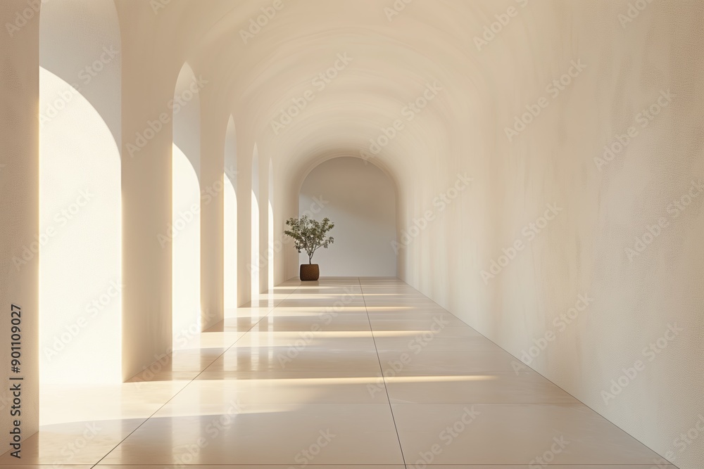 Fototapeta premium Minimalist white corridor with arches, smooth plaster walls, sun rays creating long shadows and highlights on the walls, plant in a vase at the end of the hallway. 