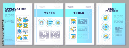 Application security features brochure template. Leaflet design with linear icons. Editable 4 vector layouts for presentation, annual reports. Arial-Black, Myriad Pro-Regular fonts used
