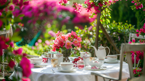table set for a summer brunch in the garden professional,A table with a white table cloth adorned with an abundance of pink flowers,Day high tea setting in a fancy garden © PX Studio
