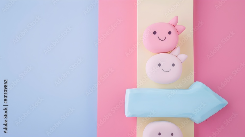 Kawaii Clay Arrow Pointing Right with Soft Pastel Color Palette Business Direction Concept Kawaii Clay Arrow Pointing Right with Soft Pastel Color Palette Business Direction Concept
