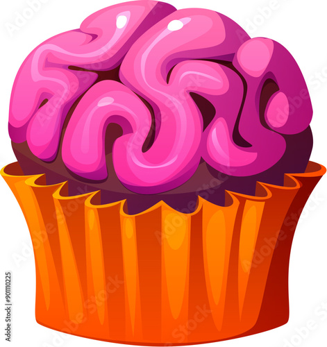 Cartoon Halloween holiday cupcake with pink brain cream convolutions. Isolated vector sweets and dessert for children trick or treat party. Confectiry muffin, homemade bakery, confection for kids