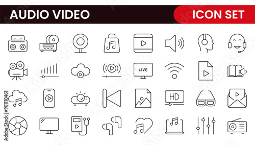 Audio Video Icons Pack. Thin line icons set. Flat icon collection set. Simple outline icons.