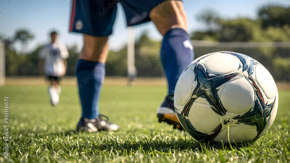 Soccer Ball and Player on Grass Field - Soccer Football Background, Classic Soccer Ball Perfect for Business, Poster, Flyer, Banner, Background, Wallpaper, Advertising Soccer Ball and Player on Grass Field - Soccer Football Background, Classic Soccer Ball Perfect for Business, Poster, Flyer, Banner, Background, Wallpaper, Advertising