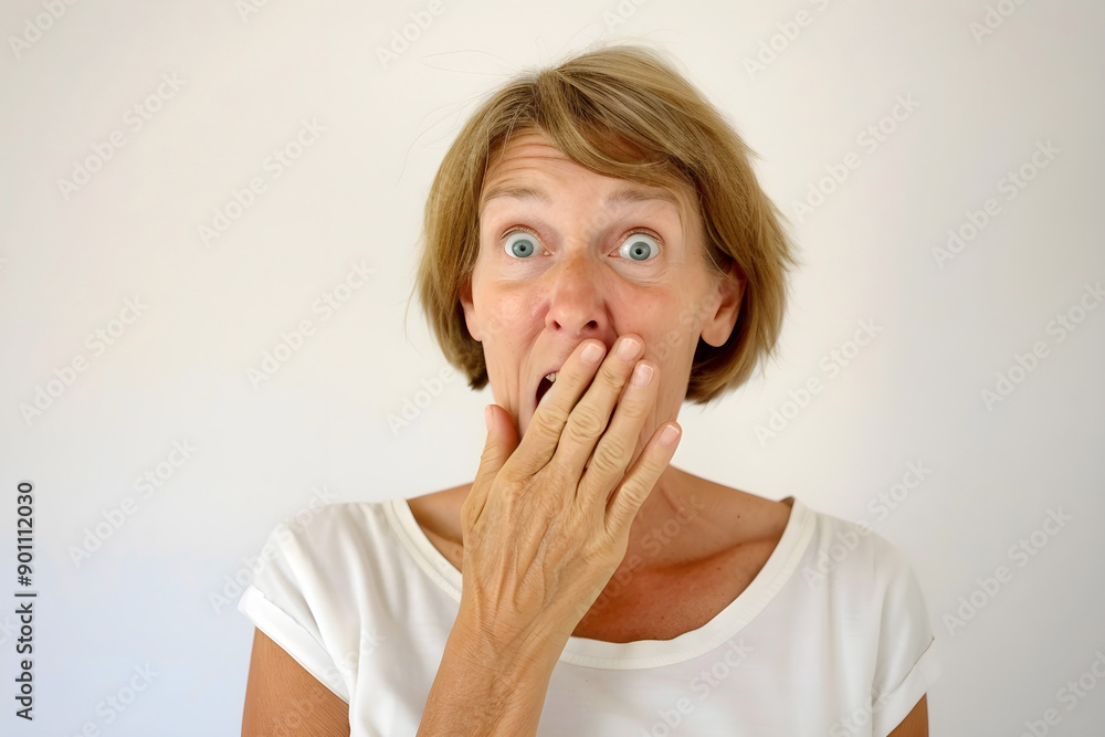 Surprised middle-aged woman with wide eyes and hand covering mouth against plain background Surprised middle-aged woman with wide eyes and hand covering mouth against plain background