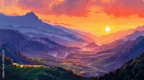 Vibrant sunset over a terraced mountain landscape
