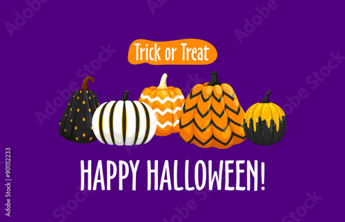 Trick or treat banner with patterned pumpkins. Happy Halloween holiday vector card with cartoon jack o lanterns. Orange pumpkins vegetables decorated with black and white geometric ornaments