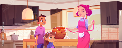 Mother and two kids in home kitchen room interior with furniture, equipment and light from window. Cartoon vector happy family scene inside house. Smiling woman in apron with child girl and teen boy.