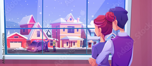 Hugging couple standing inside home and looking through window on dark winter snowy suburban street with houses, police officer waving hand and man near policy car. Cartoon vector illustration.