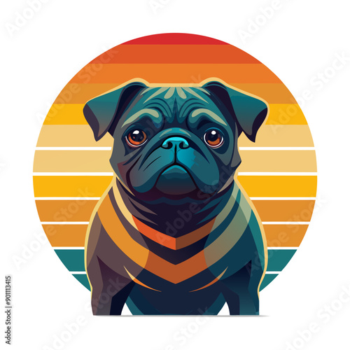 a pug dog is sitting in front of a sun background