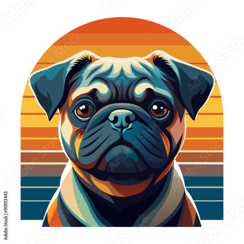 a pug dog is sitting in front of a sun background
