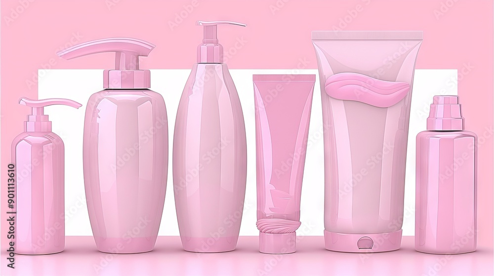  A pink bathroom set includes a lotion bottle, lotion pump, soap dispenser, and another lotion bottle