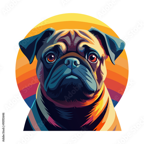 a pug dog is sitting in front of a sun background