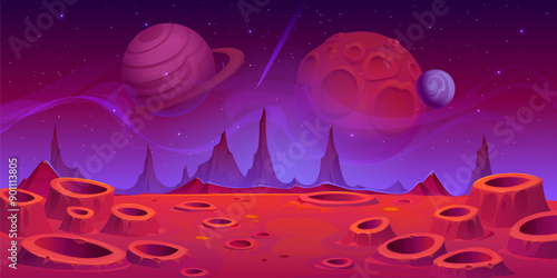 Alien space planet surface background with craters and mountains under a starry night sky. Vector game level scene, otherworldly landscape with alien Martian or Moon terrain and large planets above