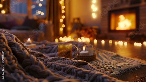 Close-up to a cup of warm cappuccino on cozy knitted blanket in a living room with autumn decoration photo