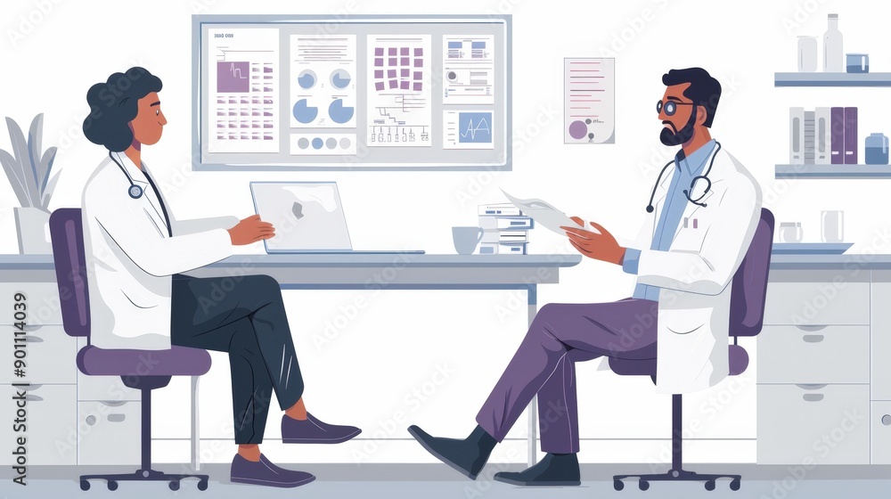 How about this: Doctor and nurse assisting a patient in a hospital office setting with a computer, stethoscope, and professional care How about this: Doctor and nurse assisting a patient in a hospital office setting with a computer, stethoscope, and professional care