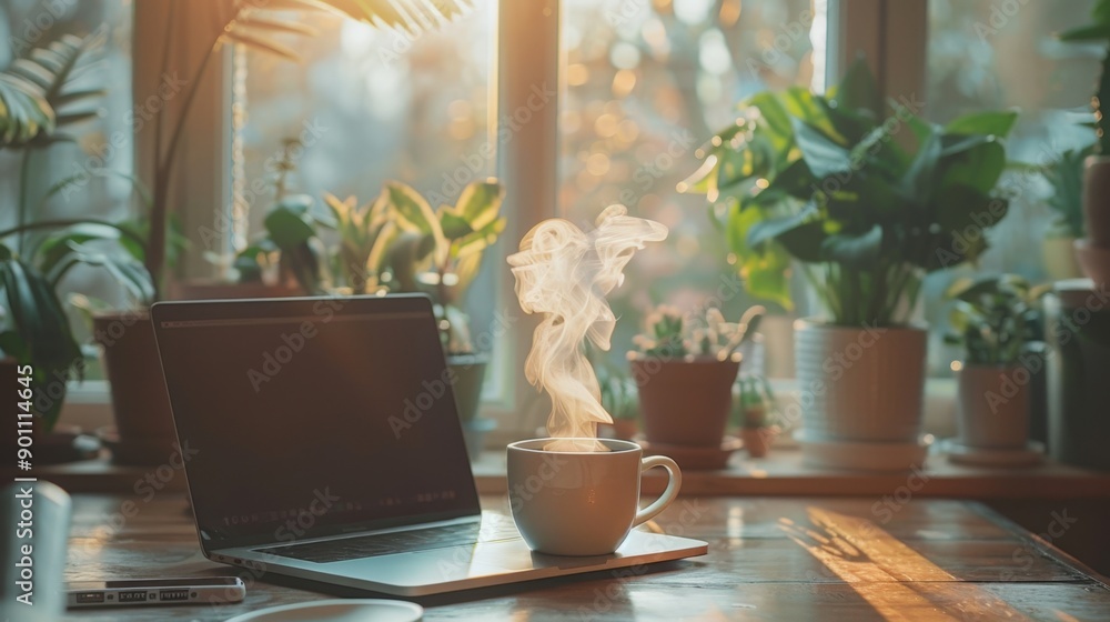 Fototapeta premium Morning Coffee and Laptop: A warm mug of steaming coffee sits on a wooden desk next to a laptop, bathed in the soft glow of morning light filtering through a window. The scene is filled with greenery,