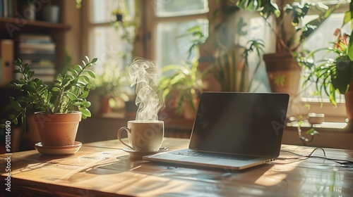 Sun-Drenched Home Office Serenity: A laptop and steaming coffee rest on a rustic wooden desk, bathed in the golden glow of a sunlit window in a tranquil and inviting home office space adorned with lus photo