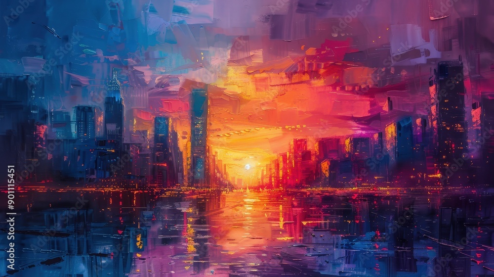 Naklejka premium Vibrant Sunset Over City Skyline Reflecting on Calm Water Surface. Generative AI
