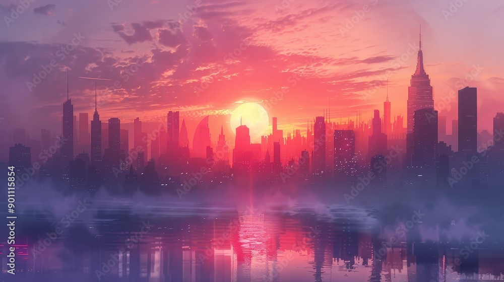 Vibrant Sunset Over Urban Skyline With Reflections in Calm Water. Generative AI Vibrant Sunset Over Urban Skyline With Reflections in Calm Water. Generative AI
