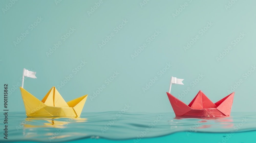 Serene Handcrafted Paper Boats Floating on Clear Water with Copy Space - Tranquil Origami Sailing Vessels, Minimalist Concept, Calm Waterscape Serene Handcrafted Paper Boats Floating on Clear Water with Copy Space - Tranquil Origami Sailing Vessels, Minimalist Concept, Calm Waterscape