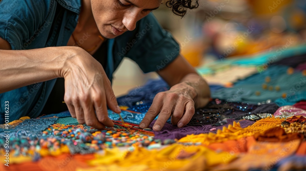 Enchanting Fabric Artist Immersed in Intricate Patterns and Colors in Eclectic Studio Atmosphere Enchanting Fabric Artist Immersed in Intricate Patterns and Colors in Eclectic Studio Atmosphere