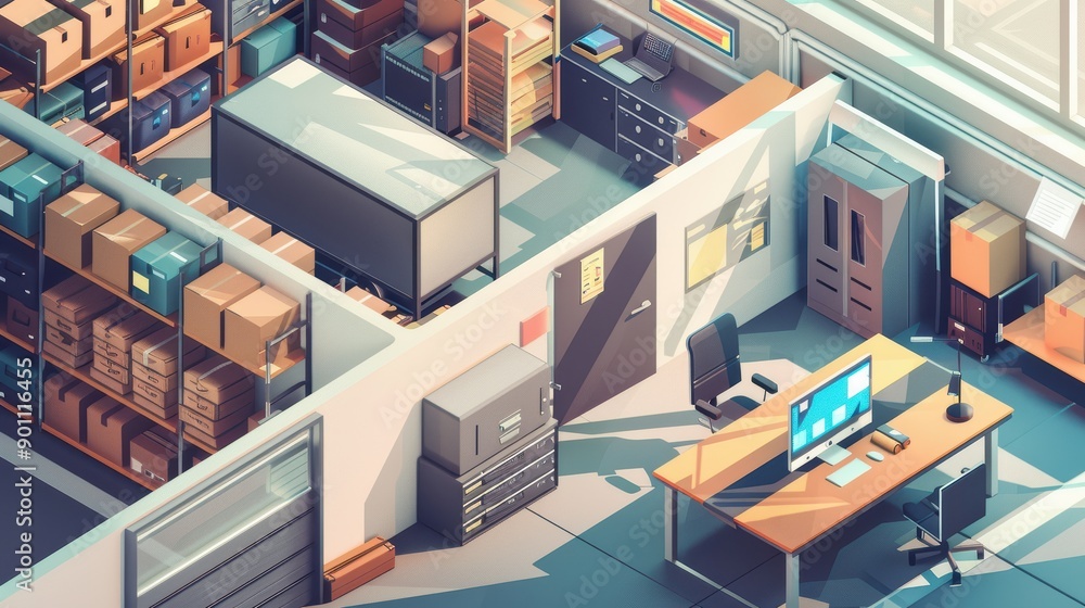 Digital illustration of a logistics company office with a manager working on a computer, surrounded by cardboard boxes, shelves, and a loading dock Digital illustration of a logistics company office with a manager working on a computer, surrounded by cardboard boxes, shelves, and a loading dock