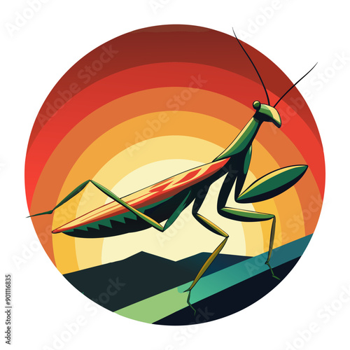 a mantis with a sun and a sun background