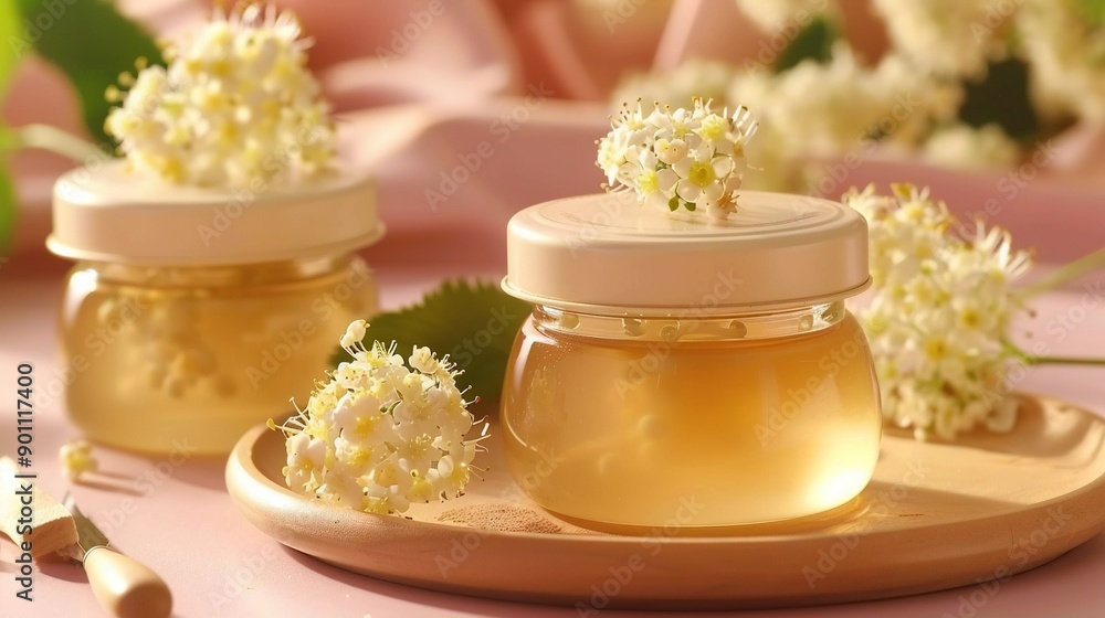 A plate with a jar of honey sits beside a smaller jar of honey A plate with a jar of honey sits beside a smaller jar of honey