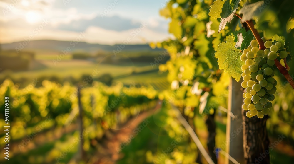 Lush green grapevines are thriving in a vineyard, bathed in the golden light of the setting sun. The image evokes a sense of tranquility and the promise of a bountiful harvest Lush green grapevines are thriving in a vineyard, bathed in the golden light of the setting sun. The image evokes a sense of tranquility and the promise of a bountiful harvest