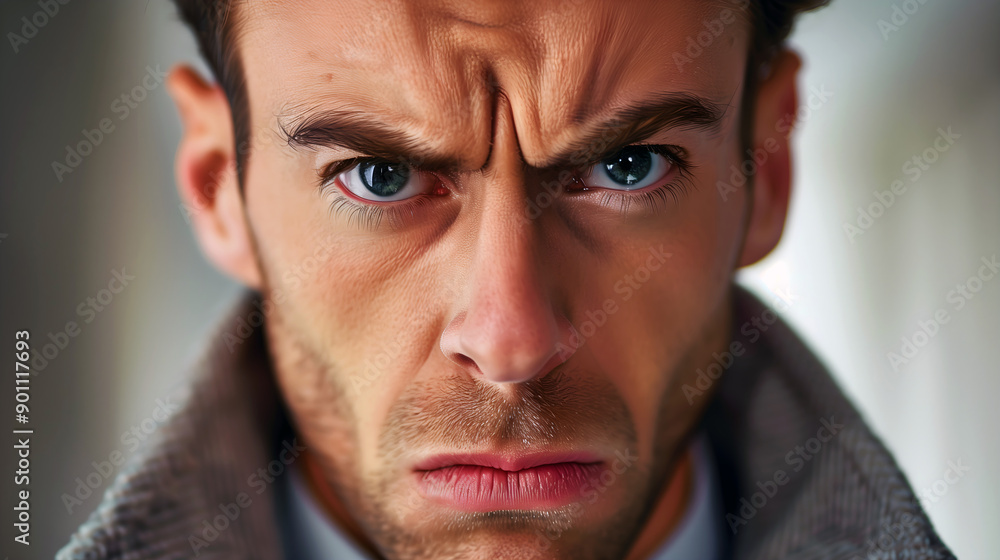 Obraz premium closeup of an angry man glaring in winter jacket with intense expression