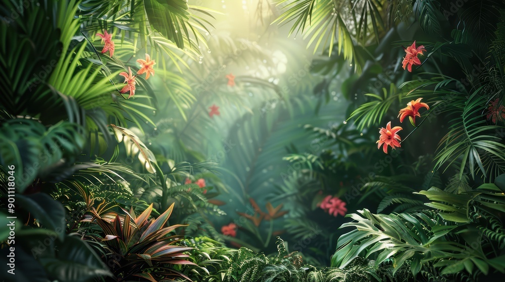Sunlight gently illuminating lush tropical rainforest, bursting with life and color. Green leaves form dense canopy, creating natural paradise teeming with biodiversity Sunlight gently illuminating lush tropical rainforest, bursting with life and color. Green leaves form dense canopy, creating natural paradise teeming with biodiversity