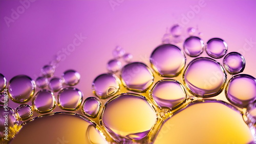 Close-up of Golden Bubbles serum liquid texture on a Purple Background