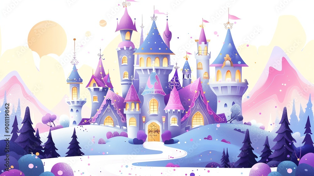 A cartoon illustration of a fairytale castle in a forest setting. A cartoon illustration of a fairytale castle in a forest setting.