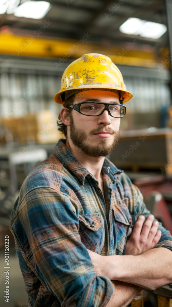 Confident Young Male Worker in Industrial Workshop Confident Young Male Worker in Industrial Workshop