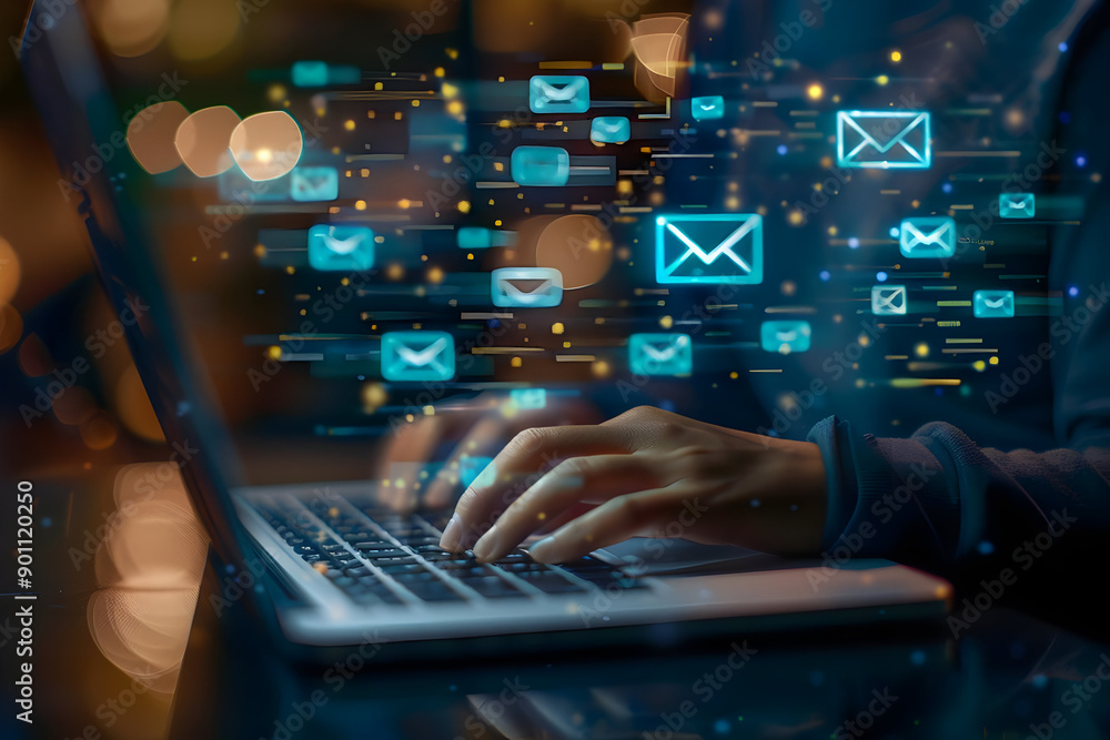 Hands typing on a laptop keyboard with email icons floating around, representing digital communication and technology in a dark setting. Hands typing on a laptop keyboard with email icons floating around, representing digital communication and technology in a dark setting.