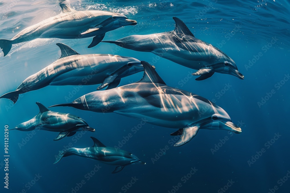 Group of dolphins performing jumps, creating a captivating and energetic oceanic display Group of dolphins performing jumps, creating a captivating and energetic oceanic display