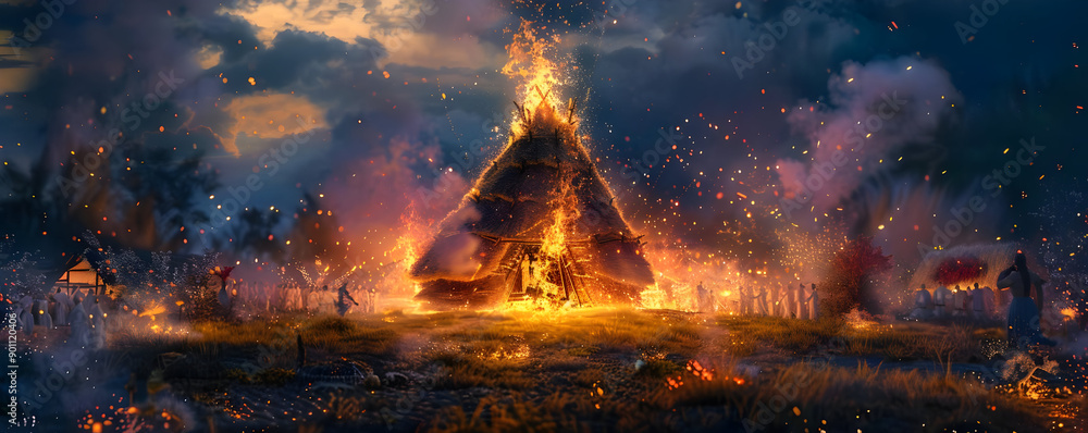 Obraz premium Intense night scene of a large, traditional thatched house engulfed in flames, surrounded by thick smoke and glowing embers, under a dramatic sky.