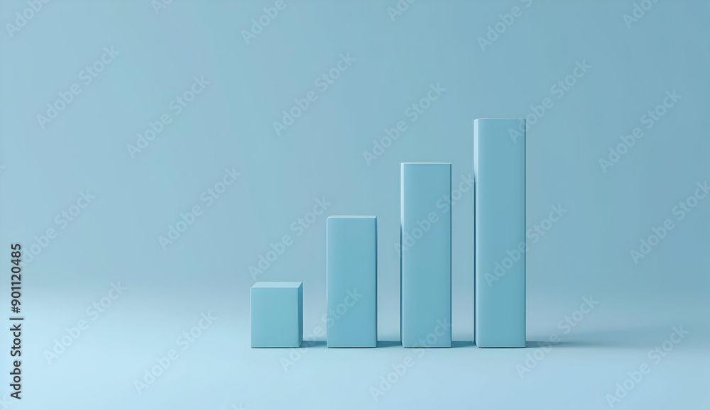 Minimalist 3D ing of a bar chart with blue rectangular bars on a light blue background, representing growth or progress. Minimalist 3D ing of a bar chart with blue rectangular bars on a light blue background, representing growth or progress.