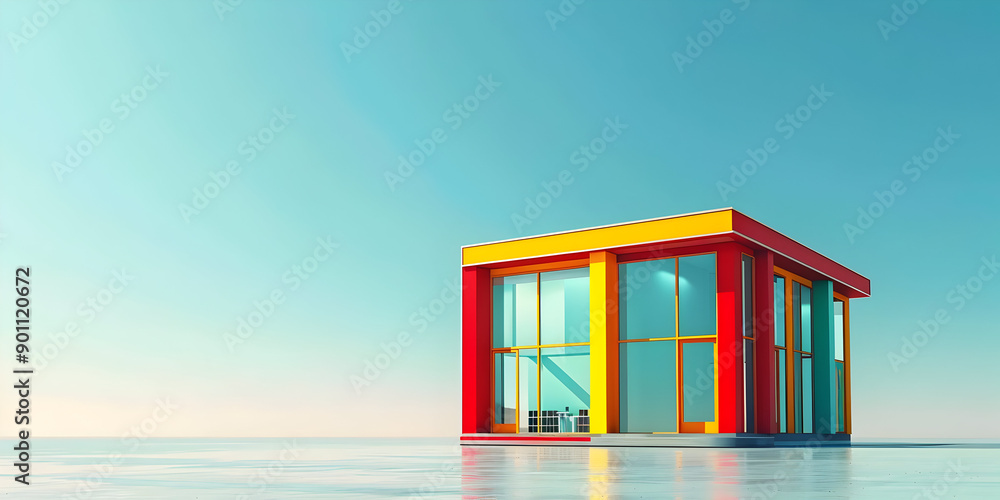 Modern brightly colored cubic building with glass windows set against a clear blue sky, ideal for design, architecture, and minimalism themes.