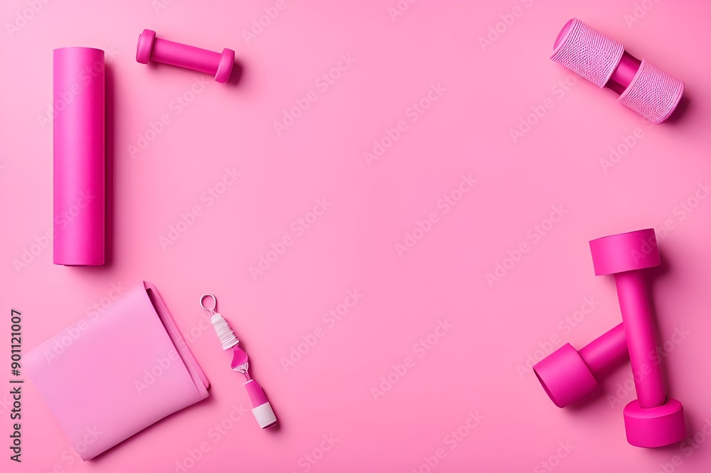 top view of pink exercise accessories with space for text. minimal concept of yoga, home exercise, healthy living and fitness. 3d rendering top view of pink exercise accessories with space for text. minimal concept of yoga, home exercise, healthy living and fitness. 3d rendering