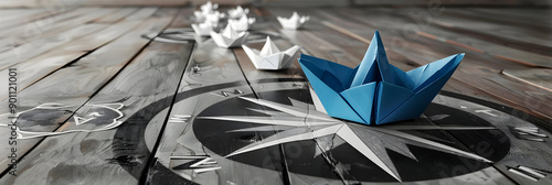 Paper boats on a wooden surface, centered on a blue boat with a compass star. Concept of leadership and direction. photo