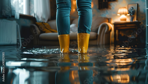 Person in yellow rain boots standing in flooded living room, emergency flood situation indoors with water damage. photo