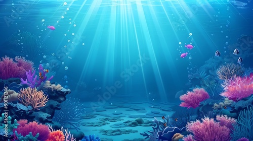 A cartoon illustration of an underwater scene with colorful coral reefs and fish. photo