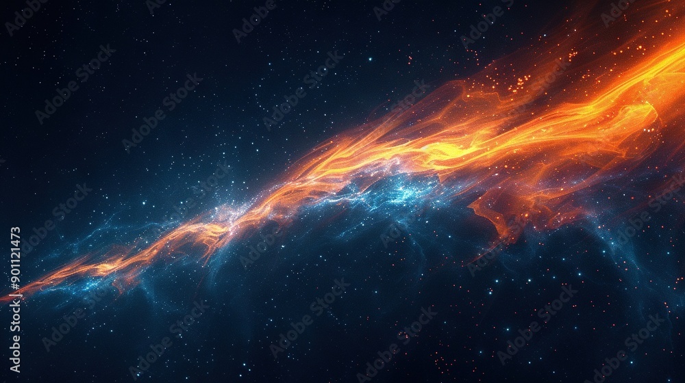an orange and blue swirl against a dark blue backdrop, featuring starry skies above an orange and blue swirl against a dark blue backdrop, featuring starry skies above
