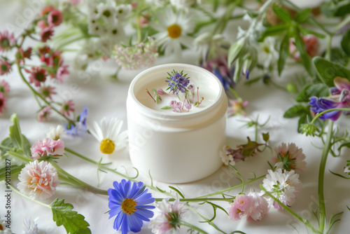 jar of cream sits on a table with a bunch of flowers. Concept of natural beauty and tranquility © lashkhidzetim