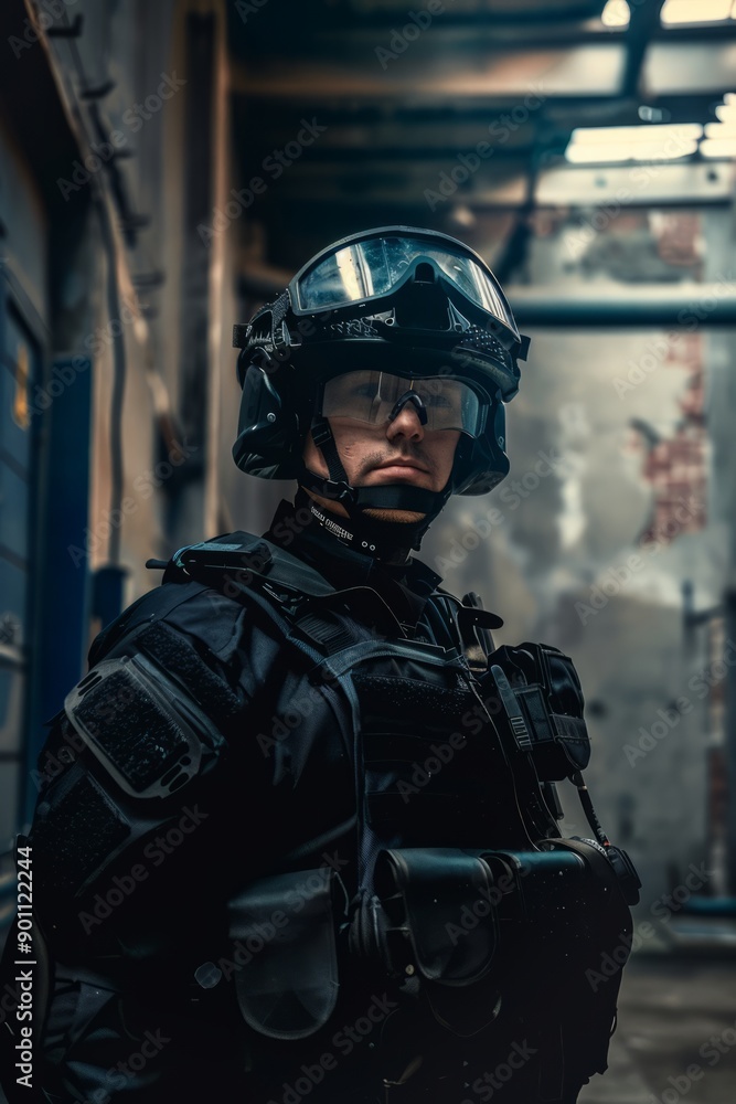 Portrait of a private guard wearing protective gear in a facility, Generative AI Portrait of a private guard wearing protective gear in a facility, Generative AI